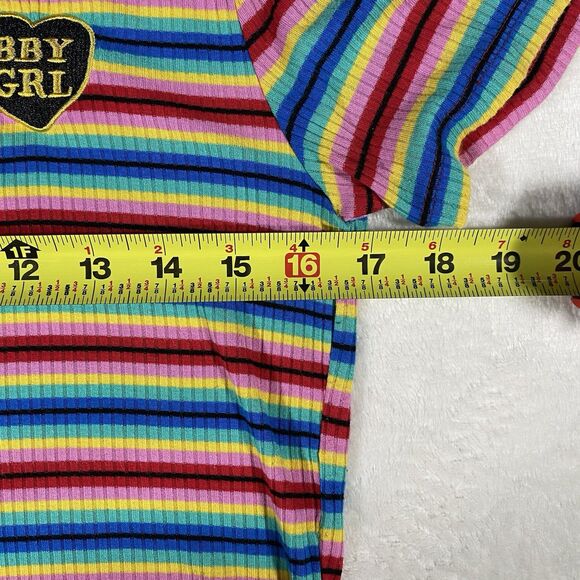 Forever 21 Rainbow Crop Top 90's Baby Tee Festival Stretch Stripes Sz Lg - Picture 4 of 5